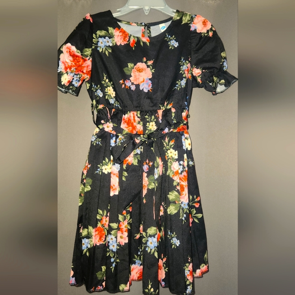 Toddler Girls Floral Print Pleated Hem Puff Sleeve Belted Dress